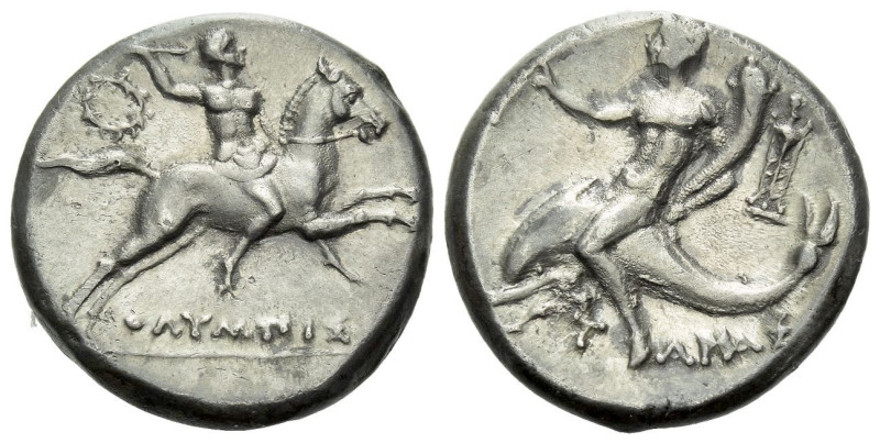 Calabria, Tarentum Nomos circa 240-228, AR 20.00 mm., 6.41 g.
Warrior on horseb...