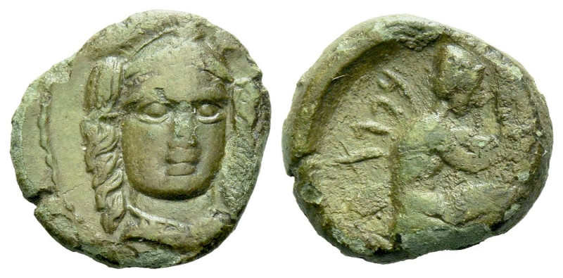 Sicily, Solus Tetras circa 400, Æ 14.00 mm., 1.17 g.
Head of Athena facing slig...