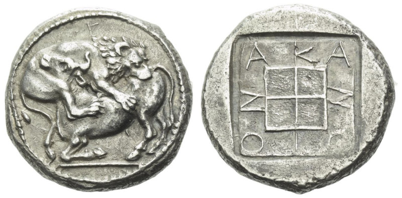 Macedonia, Acanthus Tetradrachm circa 430-390, AR 24.00 mm., 16.90 g.
Bull with...