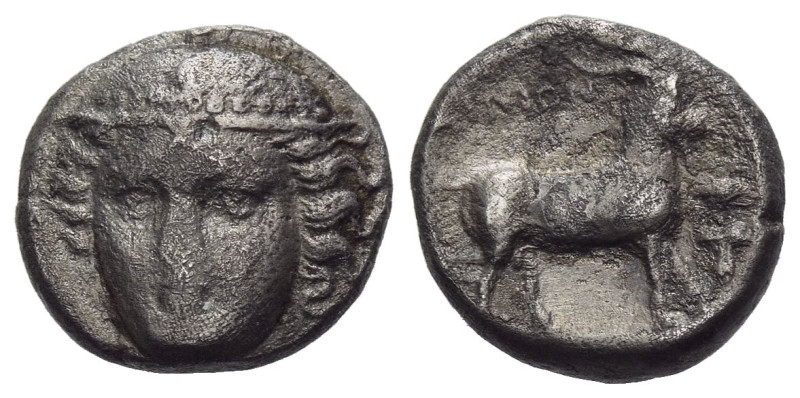 Thrace, Aenus Diobol circa 385-383, AR 12.00 mm., 2.29 g.
Facing head of Hermes...