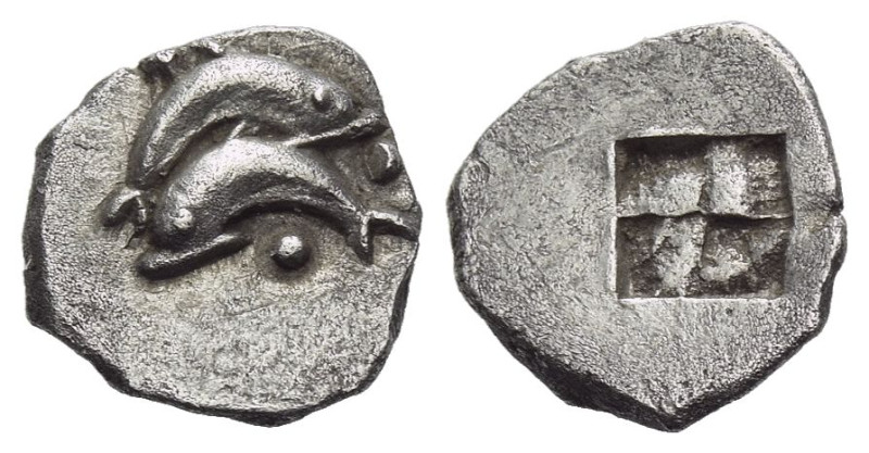 Island of Thrace, Thasos Obol irca 435-411, AR 9.00 mm., 0.58 g.
Dolphin r. on ...