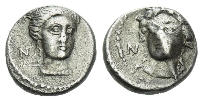 Cilicia, Nagidos Obol circa 420-380, AR 9.00 mm., 0.73 g.
Head of Aphrodite fac...