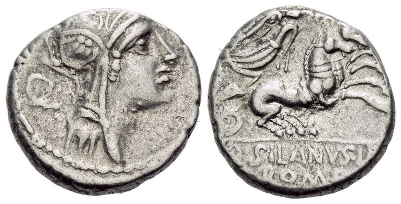 D. Iunius Silanus L.f. Denarius circa 91, AR 16.70 mm., 3.96 g.
Helmeted head o...