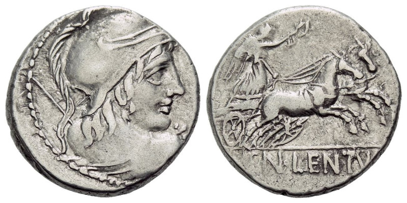 Cn. Cornelius Lentulus. Denarius circa 88, AR 17.30 mm., 4.07 g.
Helmeted bust ...