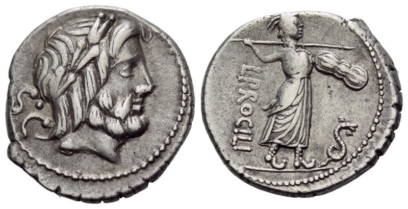 L. Procilius. Denarius circa 80, AR 17.10 mm., 3.98 g.
Laureate head of Jupiter...