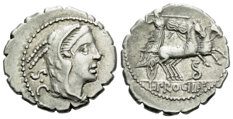 L. Procilius. Denarius serratus circa 80, AR 18.70 mm., 3.64 g.
Head of Juno So...