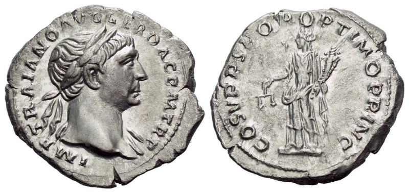 Trajan, 98-117 Denarius Rome circa 108-109, AR 20.00 mm., 3.25 g.
Laureate bust...