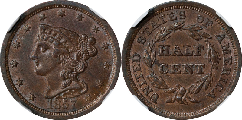 1857 Braided Hair Half Cent. C-1. MS-62 BN (NGC).

PCGS# 35339. NGC ID: 26Z3.