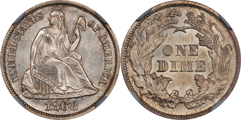 1868 Liberty Seated Dime. MS-63 (NGC).

PCGS# 4647. NGC ID: 239W.