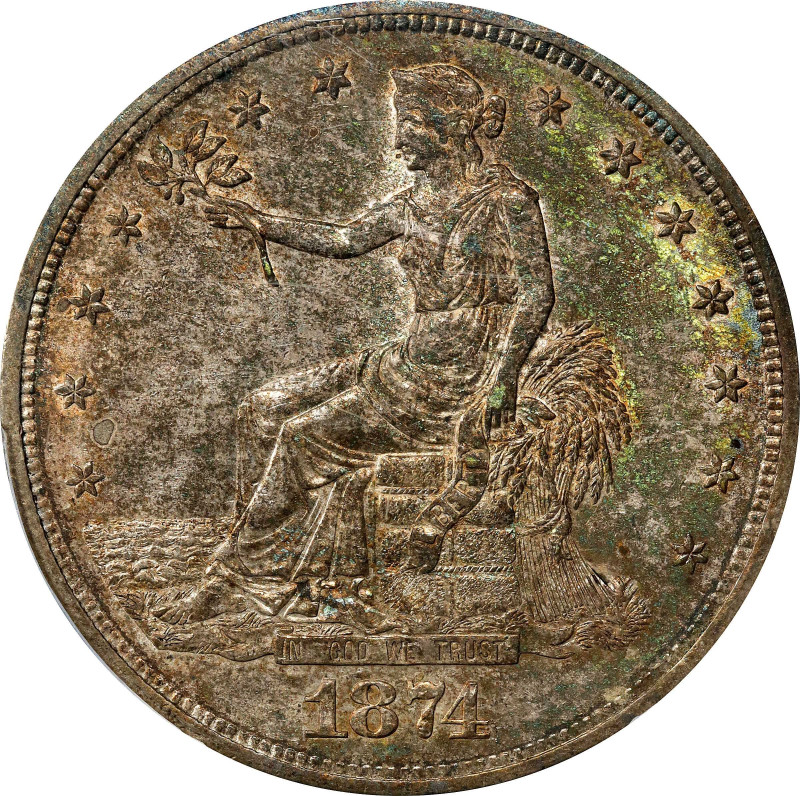 1874-S Trade Dollar. AU-58 (PCGS).

PCGS# 7036. NGC ID: 2533.