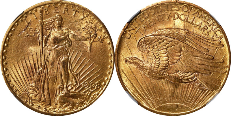 1908 Saint-Gaudens Double Eagle. No Motto. Obverse Lamination. MS-63 (NGC).