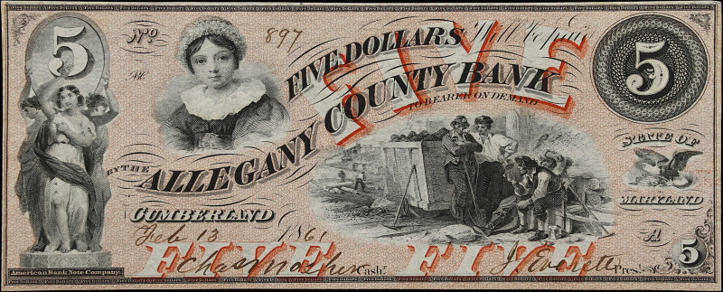 Cumberland, Maryland. Allegany County Bank. 1861 $5. Choice About Uncirculated....