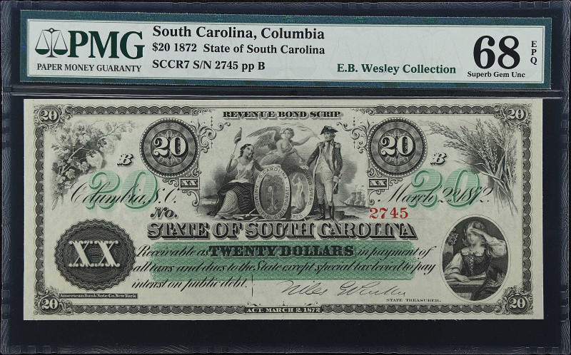 Columbia, South Carolina. State of South Carolina. 1872 $20. PMG Superb Gem Unci...