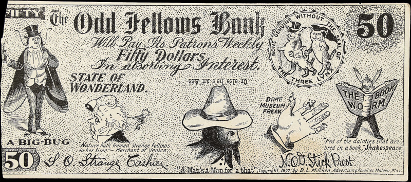 Advertising Note. The Odd Fellows Bank. $50. D.L. Milliken Advertising, Malden M...