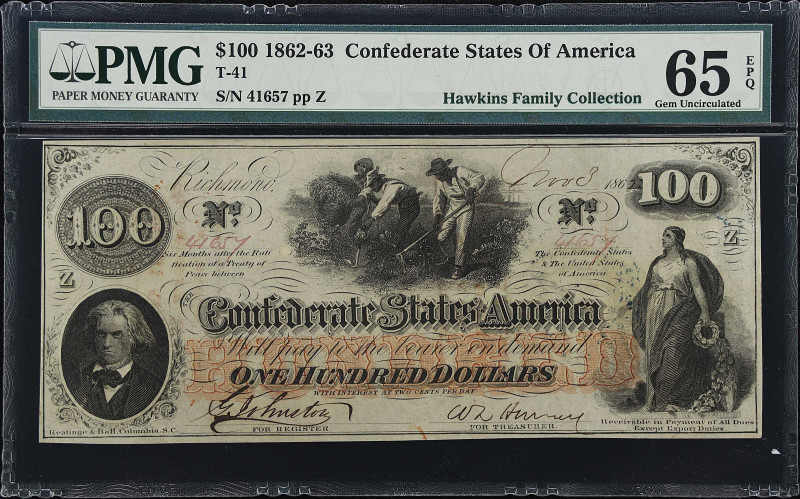 T-41. Confederate Currency. 1862 $100. PMG Gem Uncirculated 65 EPQ.

PMG comme...