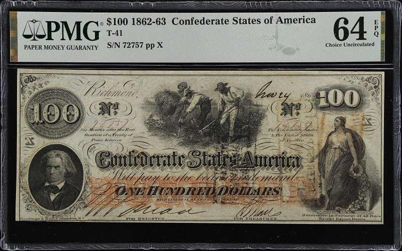 T-41. Confederate Currency. 1862 $100. PMG Choice Uncirculated 64 EPQ.

Estima...