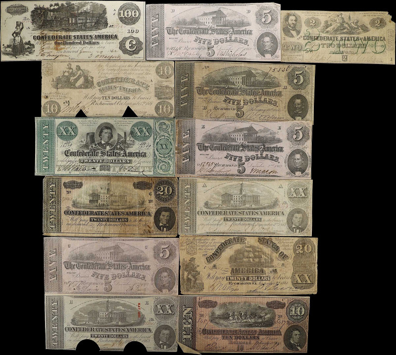 Lot of (13) Confederate Currency. 1861-64 $5, $10, $20, & $100. Fine to Extremel...