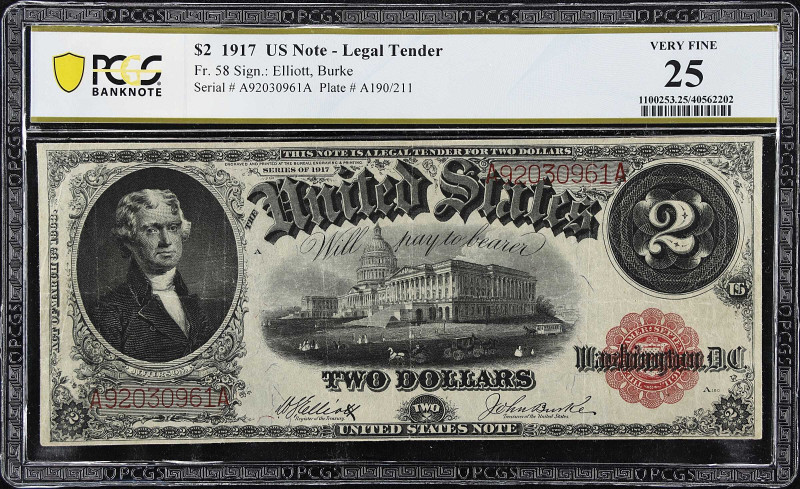 Fr. 58. 1917 $2 Legal Tender Note. PCGS Banknote Very Fine 25.

Estimate: $150...