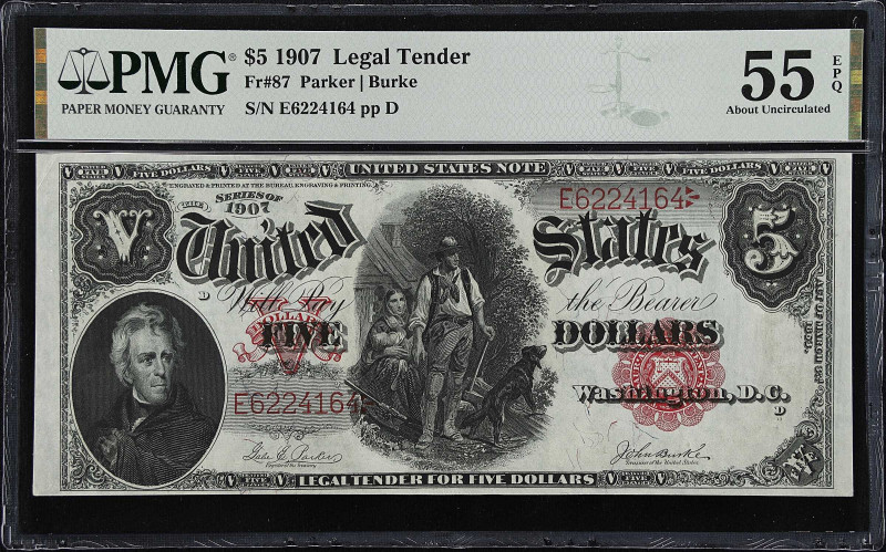 Fr. 87. 1907 $5 Legal Tender Note. PMG About Uncirculated 55 EPQ.

Estimate: $...