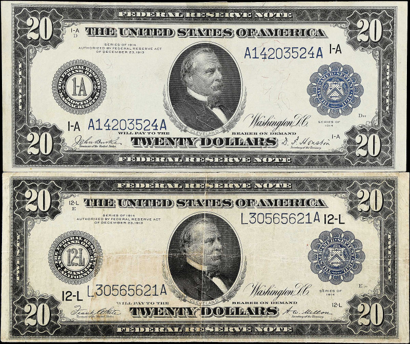 Lot of (2) Fr. 966 & 1011a. 1914 $20 Federal Reserve Notes. Boston & San Francis...