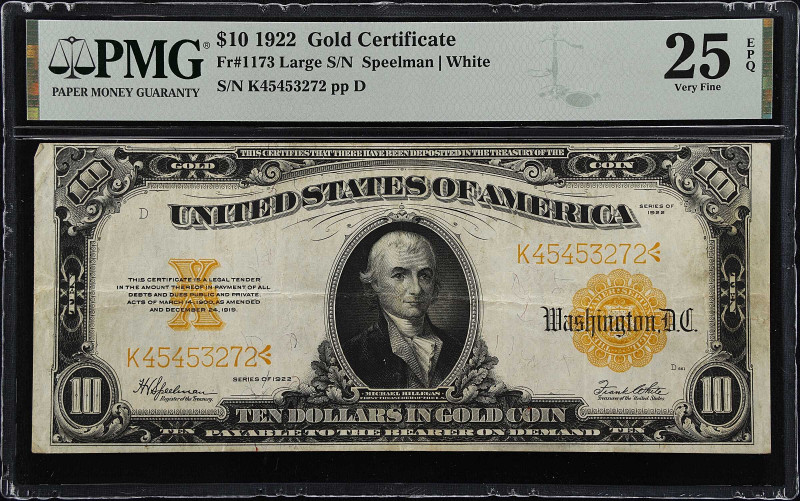 Fr. 1173. 1922 $10 Gold Certificate. PMG Very Fine 25 EPQ.

Estimate: $300.00-...