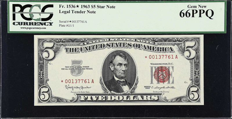 Fr. 1536*. 1963 $5 Legal Tender Star Note. PCGS Currency Gem New 66 PPQ.

Esti...