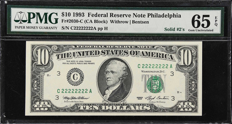 Fr. 2030-C. 1993 $10 Federal Reserve Note. Philadelphia. PMG Gem Uncirculated 65...