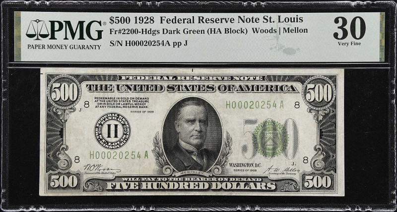 Fr. 2200-Hdgs. 1928 Dark Green Seal $500 Federal Reserve Note. St. Louis. PMG Ve...