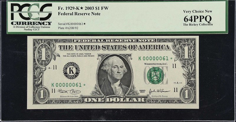 Fr. 1929-K*. 2003 $1 Federal Reserve Star Note. Dallas. PCGS Currency Choice Unc...