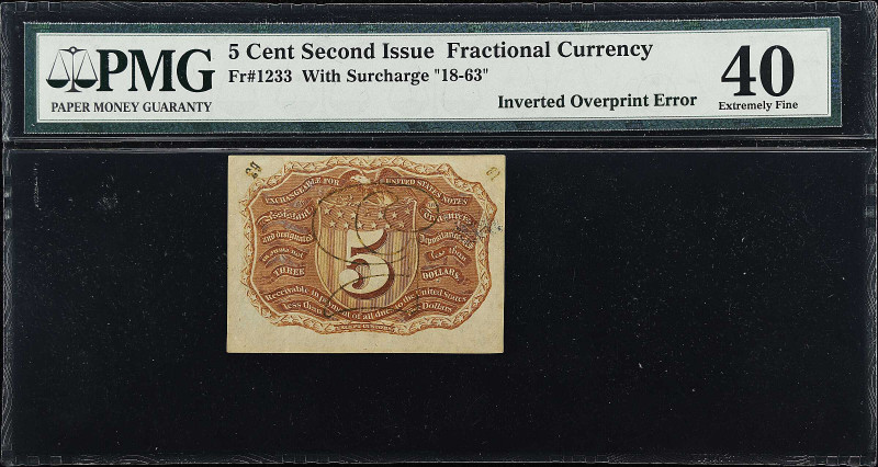 Fr. 1233. 5 Cent. Second Issue. PMG Extremely Fine 40. Inverted Overprint Error....