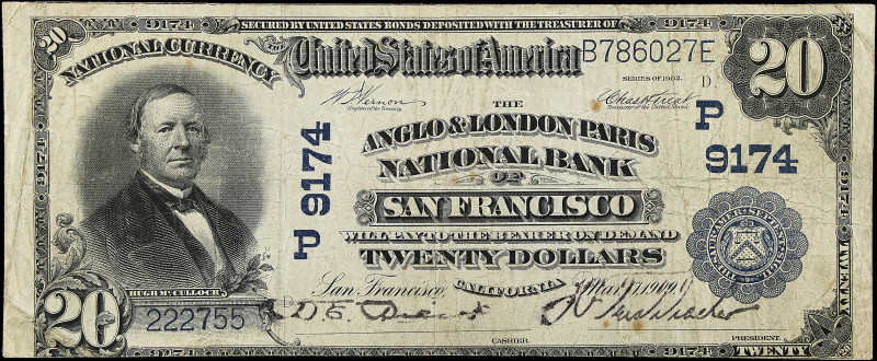 San Francisco, California. $20 1902 Plain Back. Fr. 652. The Anglo & London Pari...