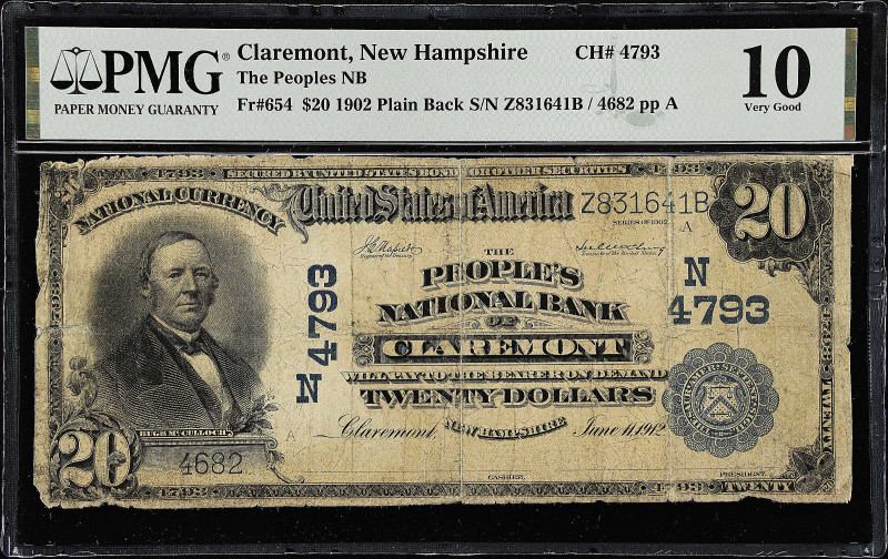 Claremont, New Hampshire. $20 1902 Plain Back. Fr. 654. The Peoples NB. Charter ...