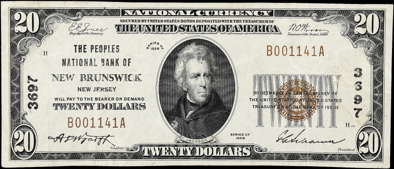 New Brunswick, New Jersey. $20 1929 Ty. 1. Fr. 1802-1. The Peoples NB. Charter #...