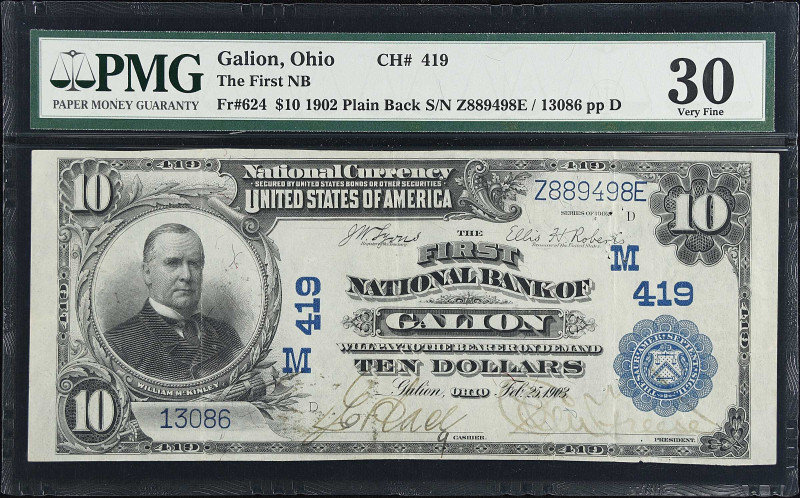 Galion, Ohio. $10 1902 Plain Back. Fr. 624. The First NB. Charter #419. PMG Very...