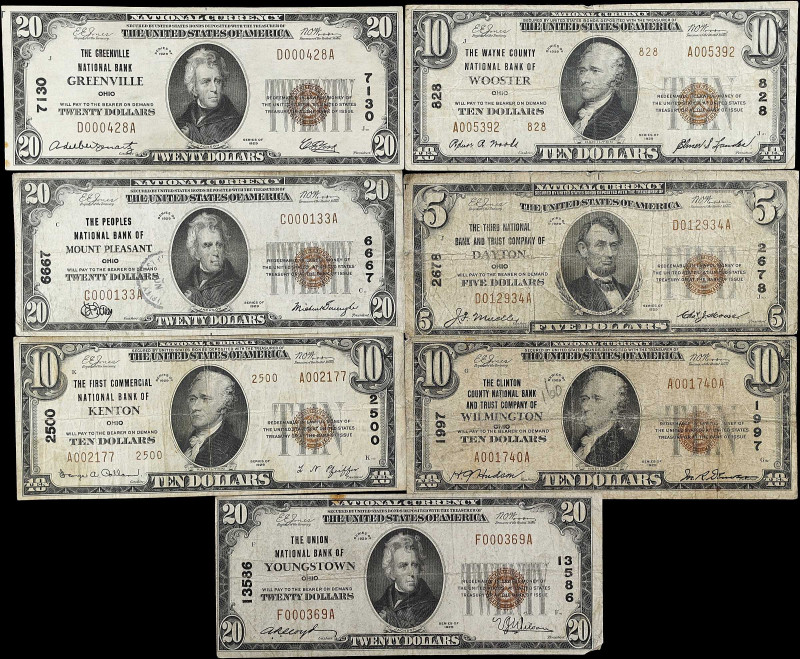 Lot of (7) Ohio Nationals. $5, $10 & $20 1929 Ty. 1 & Ty. 2. Fr. 1800-1, 1801-1,...