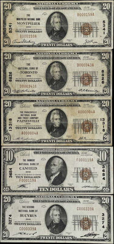 Lot of (5) Ohio Nationals. $10 & $20 1929 Ty. 1. Fr. 1801-1 & 1802-1. Very Fine....