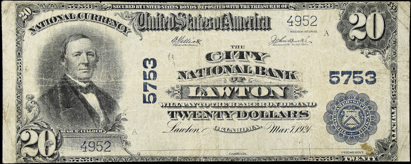 Lawton, Oklahoma. $20 1902 Plain Back. Fr. 659. The City NB. Charter #5753. Fine...