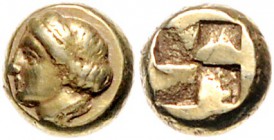 Griechen - Ionien - Phokaia Elektron-Hekte 377-318 v.Chr. Weibl. Kopf, Rs. geteiltes Quadratum Incusum Bodenstedt 90. 
2,55g ss