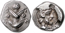 Griechen - Kyrenaika - Kyrene Drachme 450-420 v.Chr. Silphionstaude, Rs: Büste des Zeus-Ammon n.r. im Perlkreis, angedeutetes Incusum, aber unvollstän...
