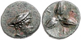 Griechen - Lukanien - Metapont Bronze 350-250 v.Chr. (14mm) Kopf des Hermes mit Petasos n.r., Rs: drei Gerstenkörner, ME und Fackel Johnston 54. SNG A...