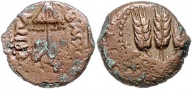 Judaea Herodes Agrippa I. 37-44 Prutah (Bronze) 41-42 n. Chr. Jahr 6, Jerusalem, Baldachin mit Fransen, Rs: 3 Kornähren zwischen Datierung Meshorer 12...