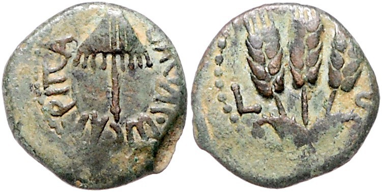 Judaea Herodes Agrippa I. 37-44 Prutah (Bronze) 41-42 n. Chr. Jahr 6, Jerusalem,...