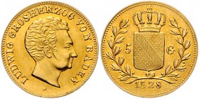 Baden Ludwig 1818-1830 5 Gulden 1828 Friedb. 150. Schlumb. 18. DS 6. 
winz.Rf., nur 2.317 Exemplare geprägt vz