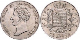 Sachsen - Coburg und Gotha Ernst I. 1806-1844 20 Kreuzer 1836 Rd: vertiefte Vierecke AKS 78. Jg. 261. 
ber., winz.Kr., kl.Sf. ss-vz
