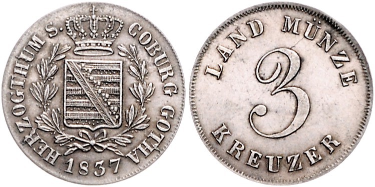 Sachsen - Coburg und Gotha Ernst I. 1806-1844 3 Kreuzer 1837 Silberabschlag Var:...