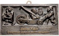 Schlesien - Breslau Bronzegussplakette o.J. der Metallgießerei Bock u. Co Breslau, Lustige Fahrt" Abguss einer Skulptur am Rathaus Breslau von 1490 "...