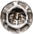 Schwarzburg Hohlpfennig Anonym 1300-1400, Löwenkopf/ Umschrift: SVAPR Fischer 46/47. 
sehr selten, 0,34g ss