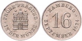 Kaiserreich Kleinmünzen Probe o.J. in 2 Pf.-Größe zur Eröffnung der Hamburger Münze 16. September 1874 in Kupfernickel J. zu 2. Schaaf vgl. S.153. 
i...