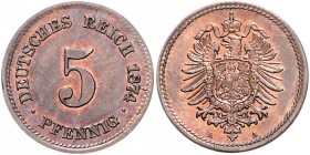 Kaiserreich Kleinmünzen 5 Pfennig 1874 A Probe in Kupfer, Rand glatt J. zu 3. 
1,95g vz