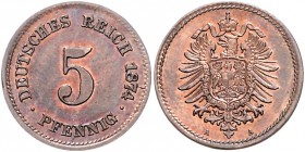 Kaiserreich Kleinmünzen 5 Pfennig 1874 A Probe in Kupfer, Rand glatt J. zu 3. 
1,95g vz